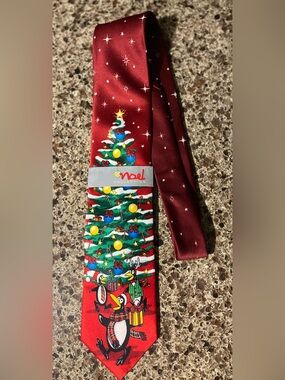 Red Holiday Novelty Tie with Christmas Tree and Star Motifs